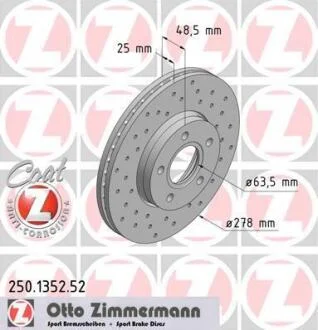 Диск тормозной FORD/VOLVO FOCUS 2/V50 04- передн.вент.SPORT Coat Z ZIMMERMANN 250.1352.52